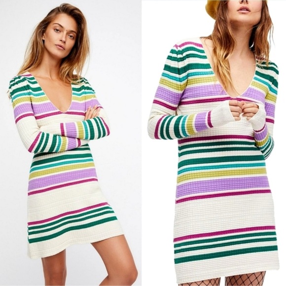 Free People Dresses & Skirts - Free People Gidget Striped Long Sleeve Sweater Dress - Green, Purple, Yellow